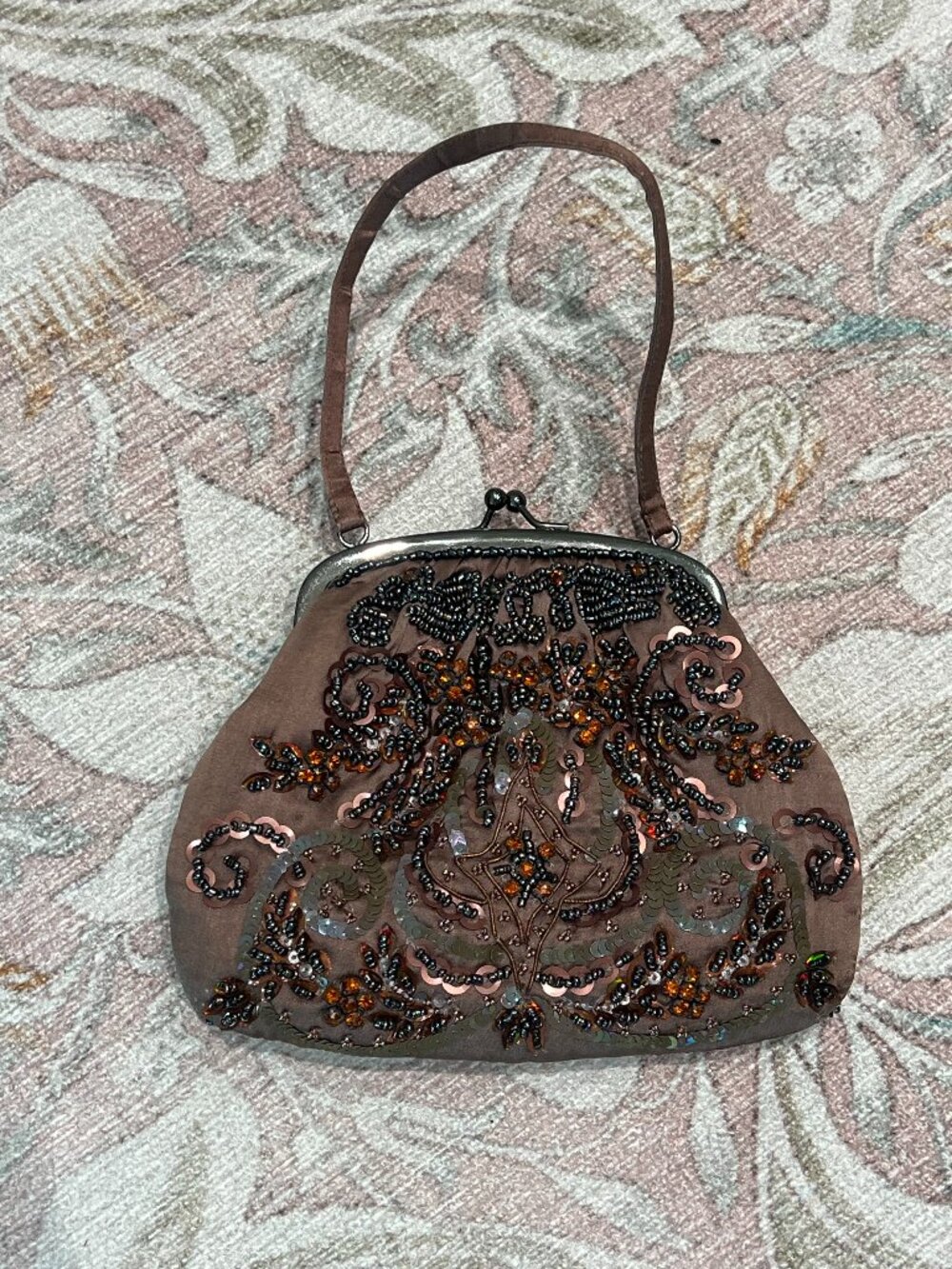 Santi Beaded & Sequined Evening Kiss Lock Purse,  Vintage Boho Glam